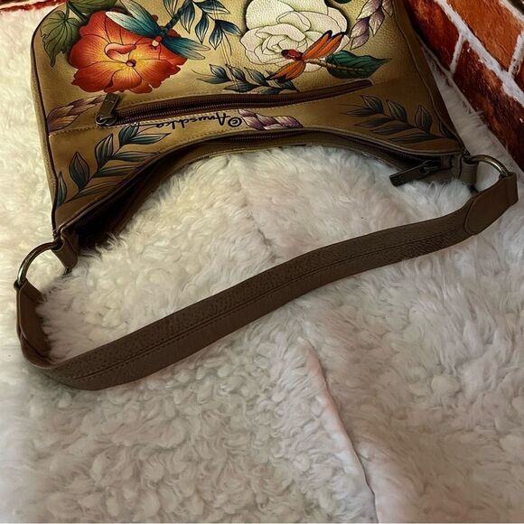 Anuschka Floral Dragonflies Hobo Shoulder Bag EUC Hand-Painted Leather Tan Red - Picture 5 of 10
